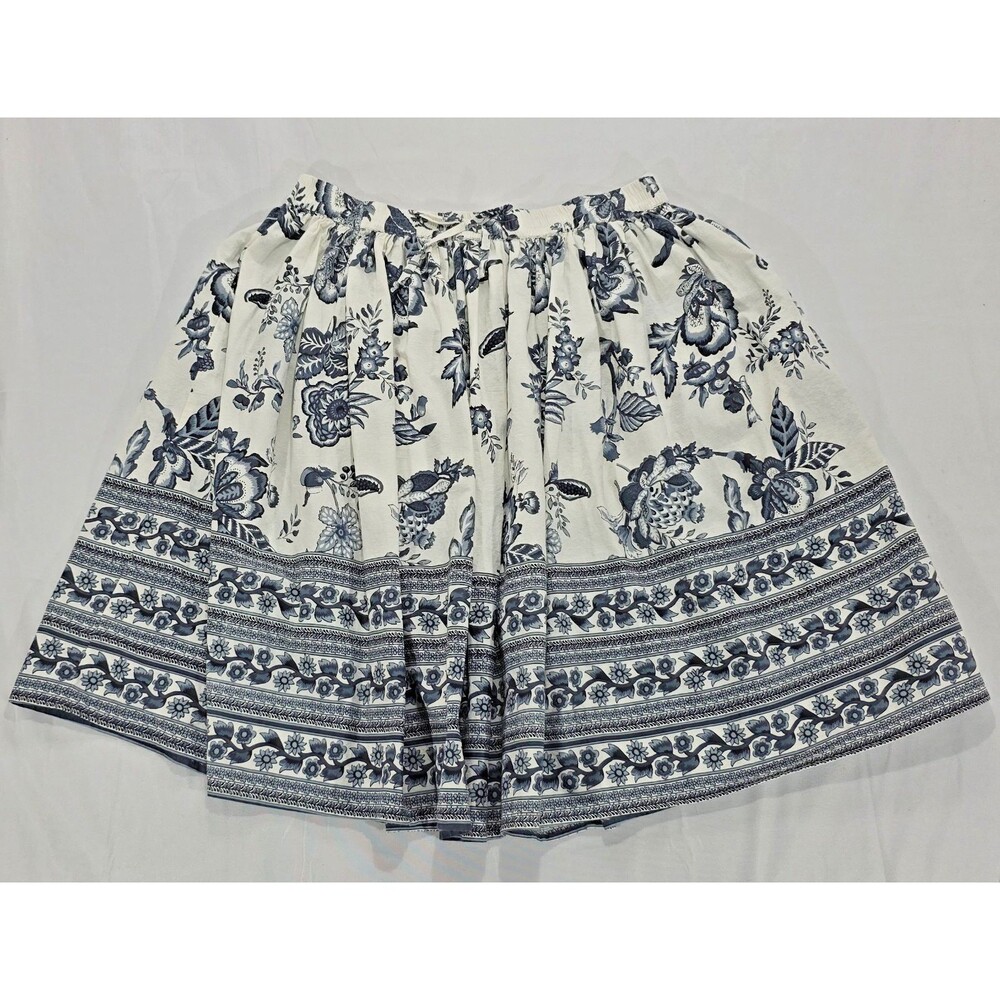 Argee Floral Border Print Midi Skirt XL Cotton White Blue Boho Cottage Coastal